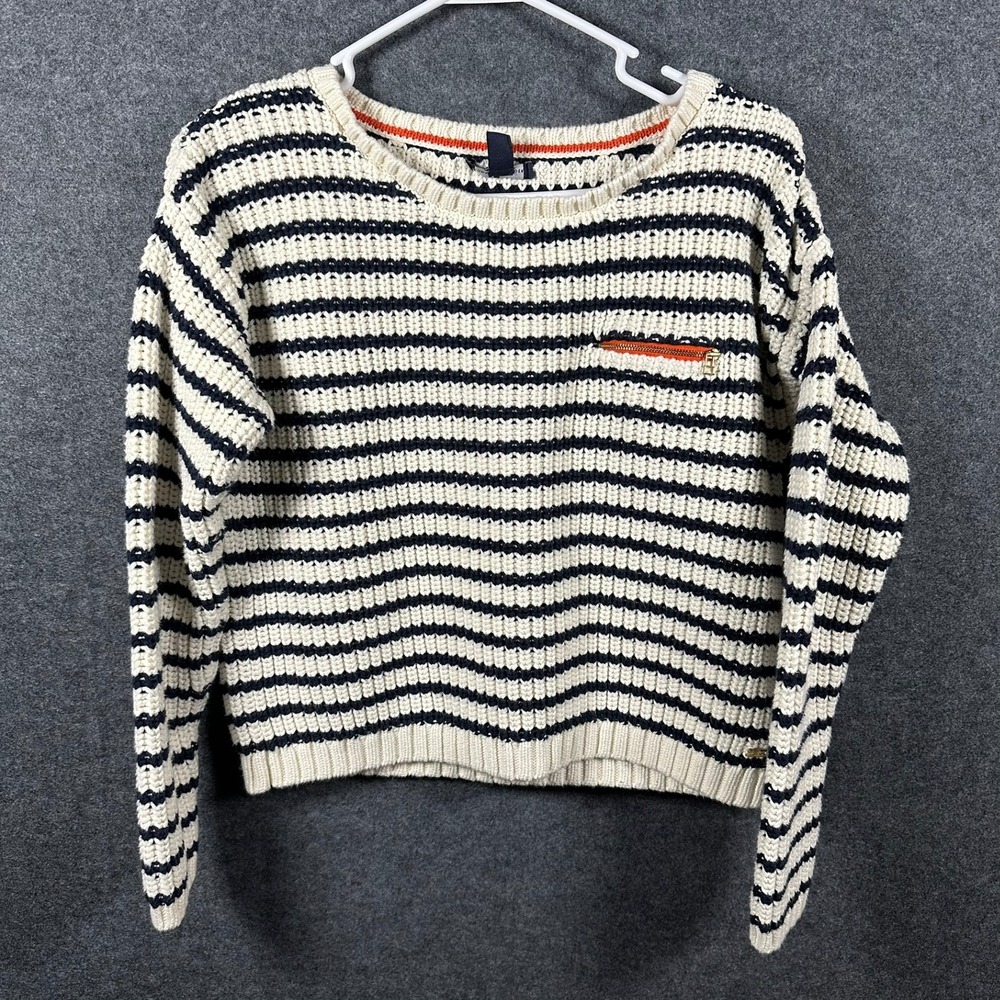 Tommy Hilfiger Womens Striped Knit Sweater Large White Navy Orange‎ Warm Cozy